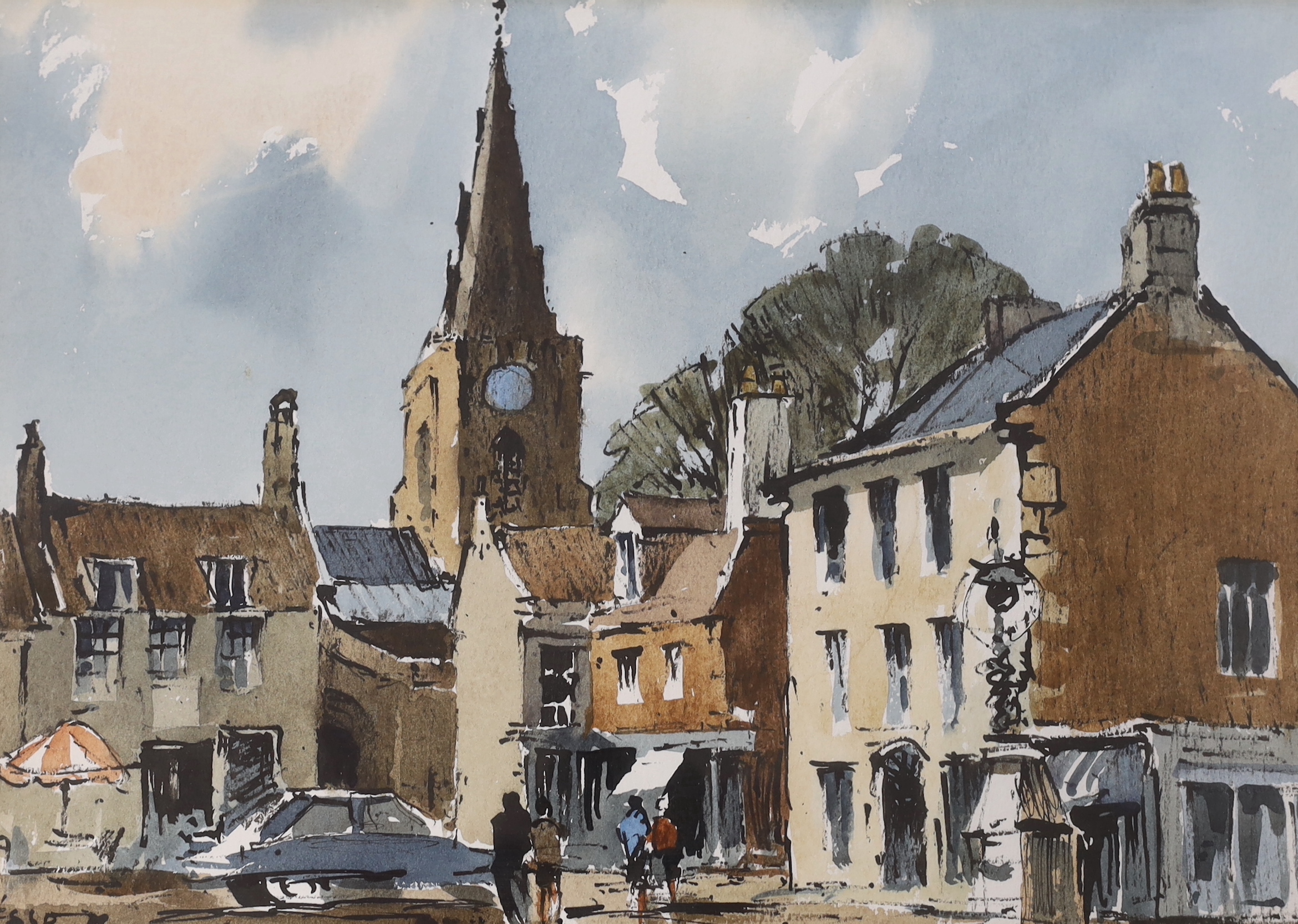 Edward Wesson (1910-1983) watercolour, 'A view of Uppingham, Northamptonshire', signed, various stamps and Gallery Thirty Three label verso, 34 x 24cm